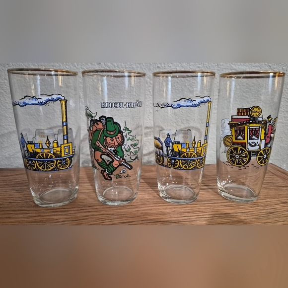 koch baur Other - Set Of 4 Koch-Bräu Illustrated Glasss,  German Beer Glasses